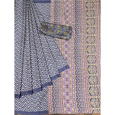 Grey Striped Printed Art Silk Saree