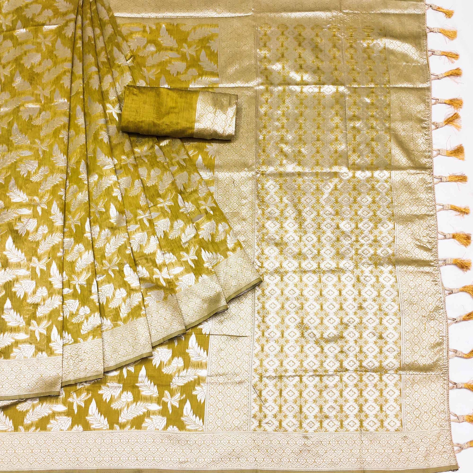 Mehendi Green Woven Cotton Silk Saree With Tassels