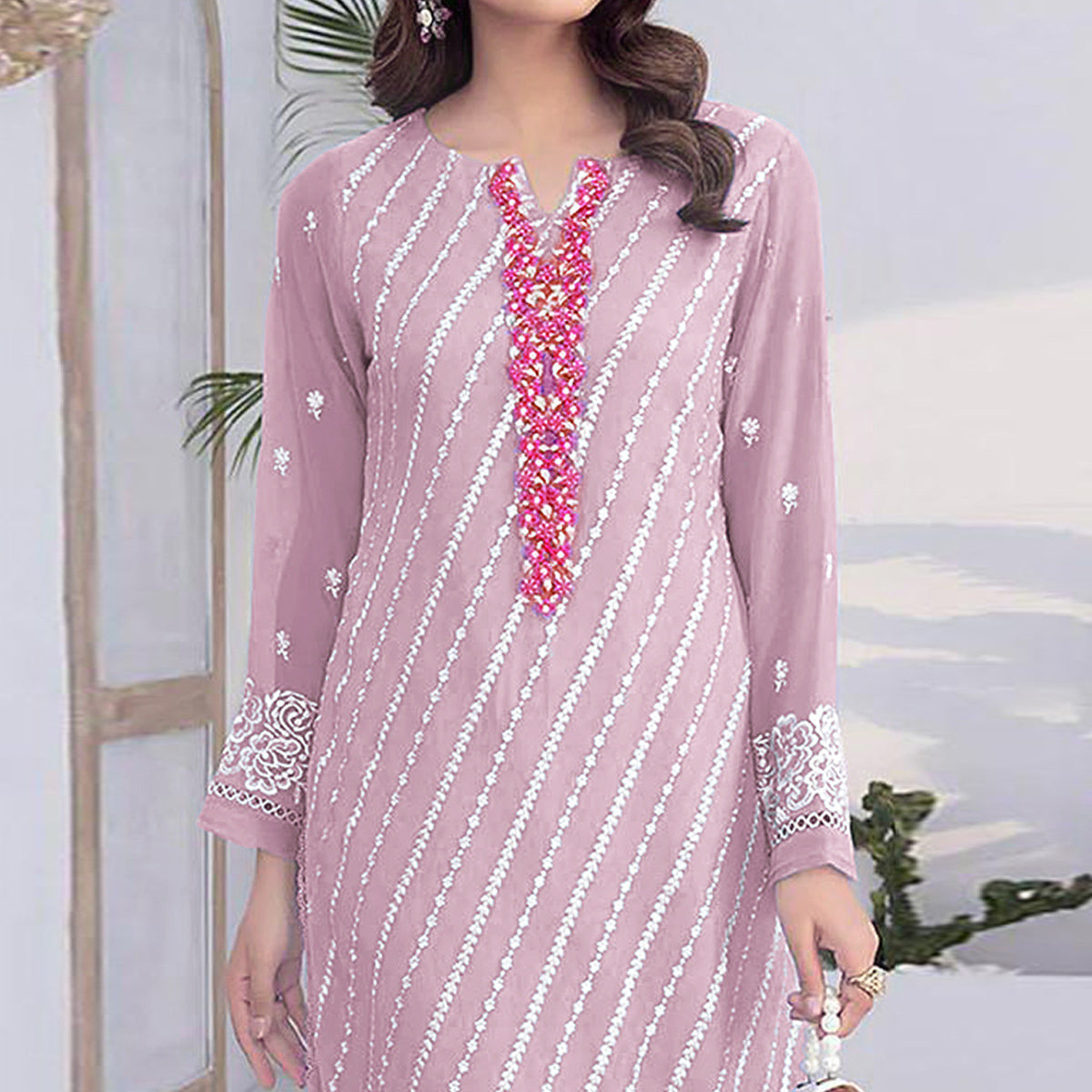 Light Pink Floral Embroidered Georgette Semi Stitched Suit