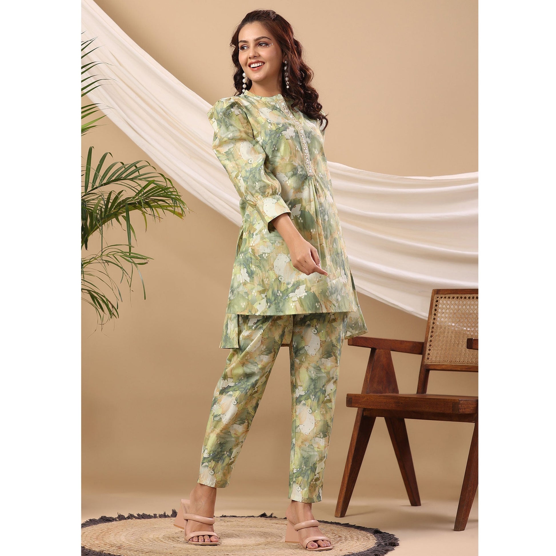 green-floral-printed-cotton-silk-co-ord-set