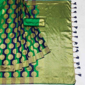 green-and-blue-woven-jacquard-saree-with-tassels