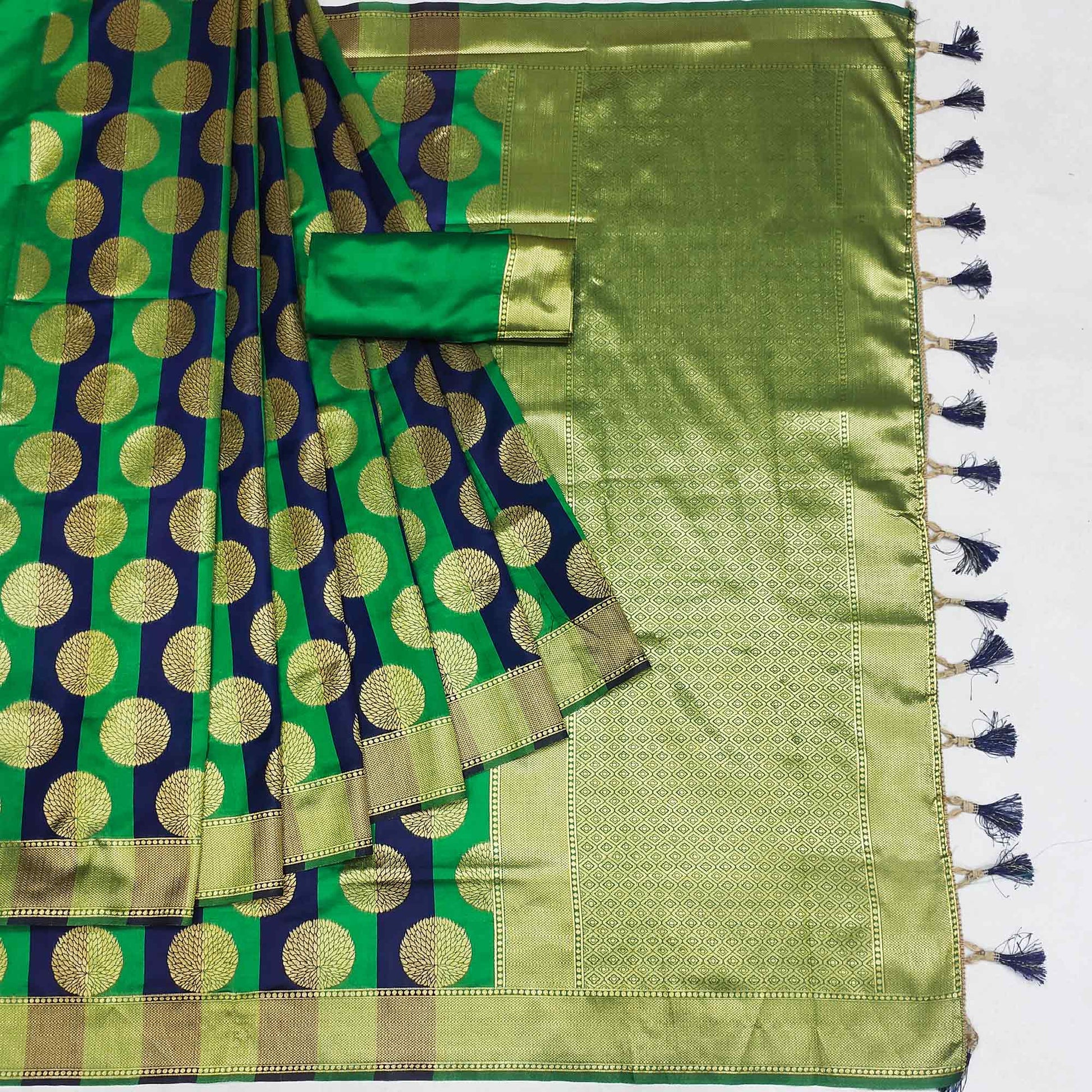 green-and-blue-woven-jacquard-saree-with-tassels
