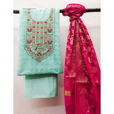 Light Aqua Blue Woven With Handwork Banarasi Silk Dress Material