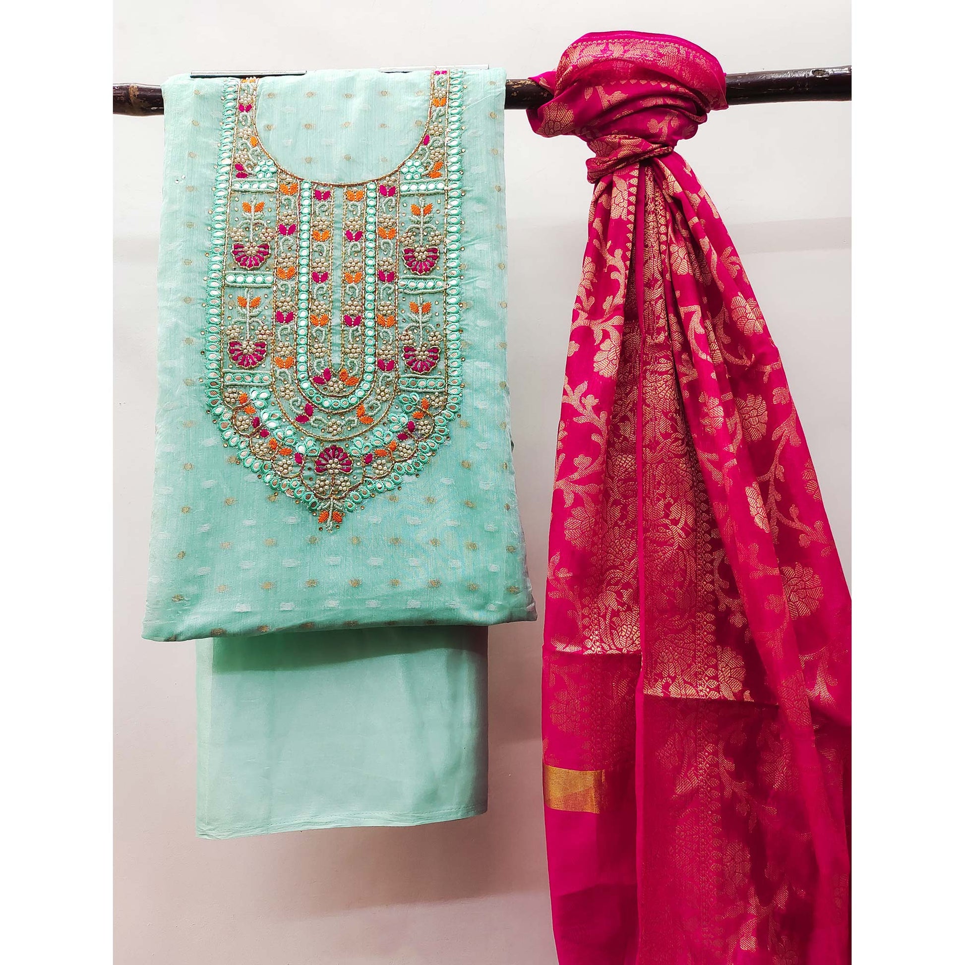Light Aqua Blue Woven With Handwork Banarasi Silk Dress Material