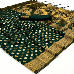 Bottle Green Woven Khadi Silk Saree With Tassels
