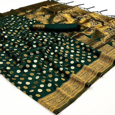 Bottle Green Woven Khadi Silk Saree With Tassels