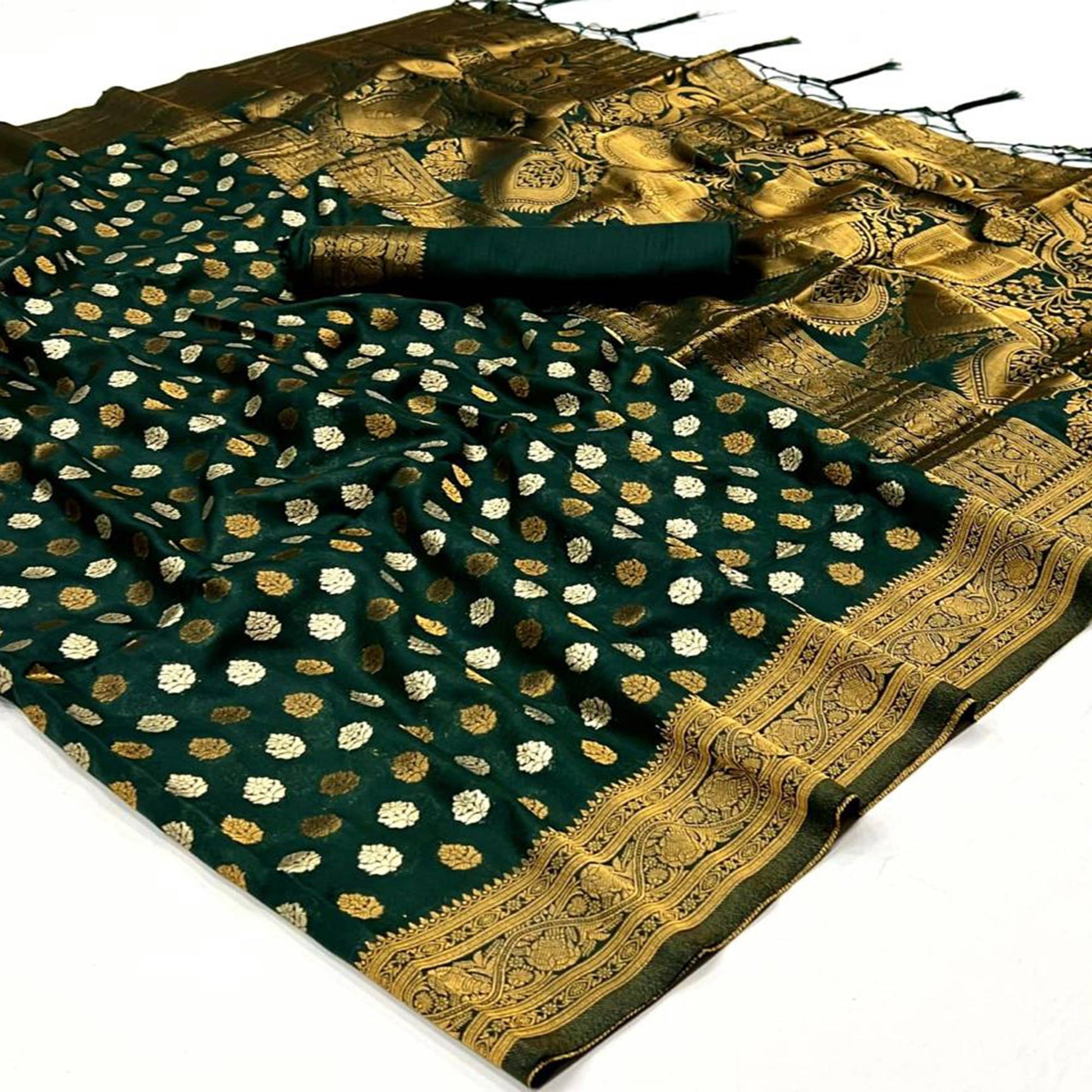 Bottle Green Woven Khadi Silk Saree With Tassels