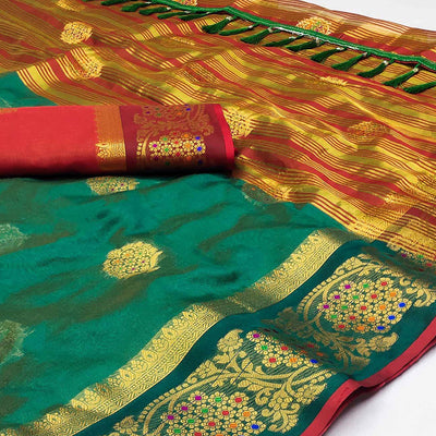 Dark Green Floral Woven Organza Saree With Tassels