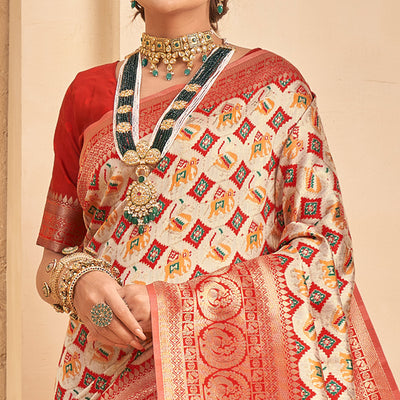 Cream Woven Patola Art Silk Saree With Tassels
