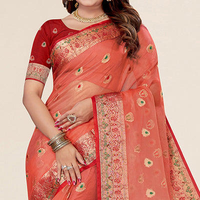 Gajari Pink Woven Organza Saree With Tassels