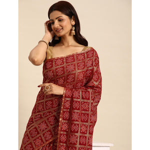 Maroon Bandhani Foil Printed Zomato Saree With Tassels