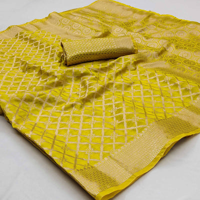 Lemon Yellow Woven Organza Saree