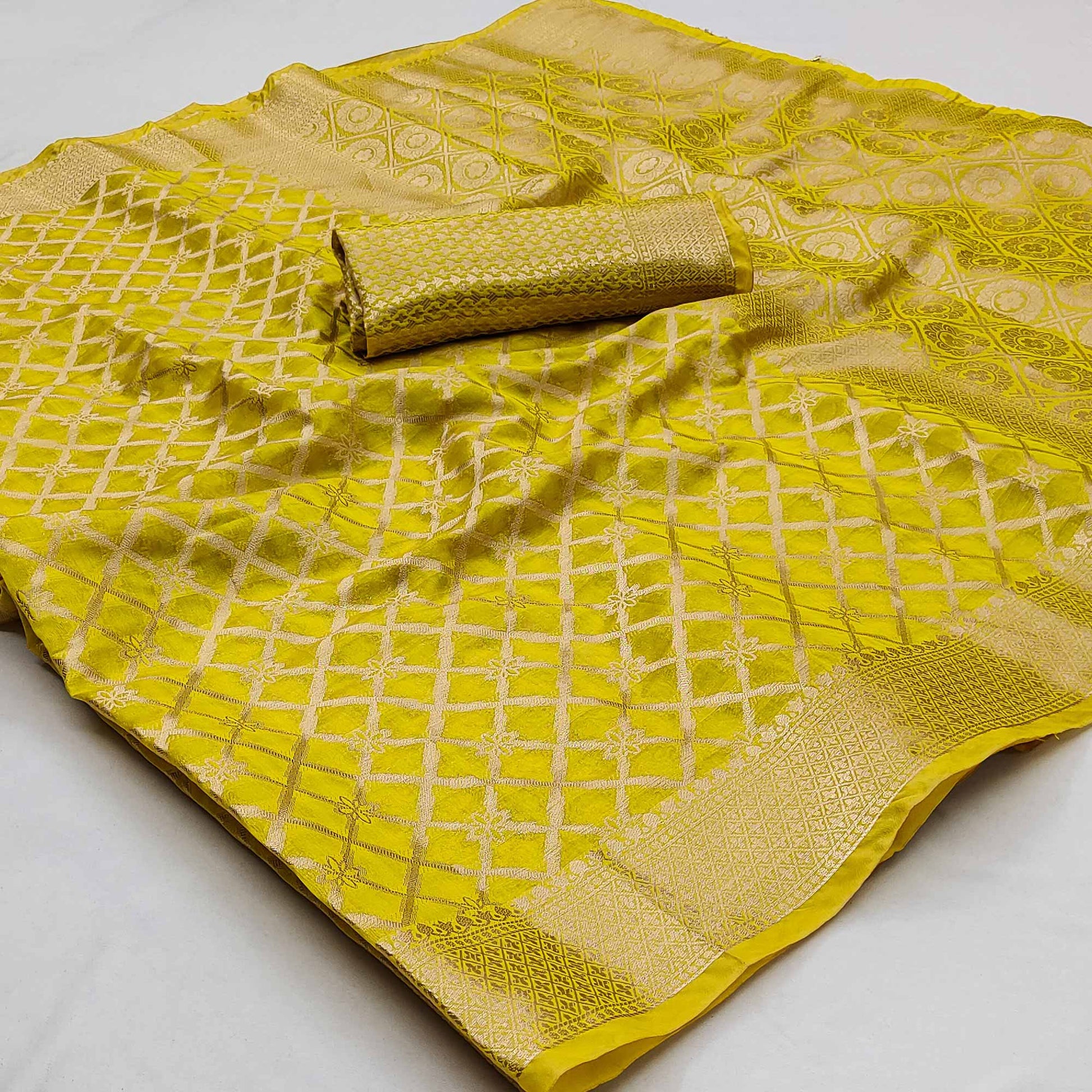 Lemon Yellow Woven Organza Saree