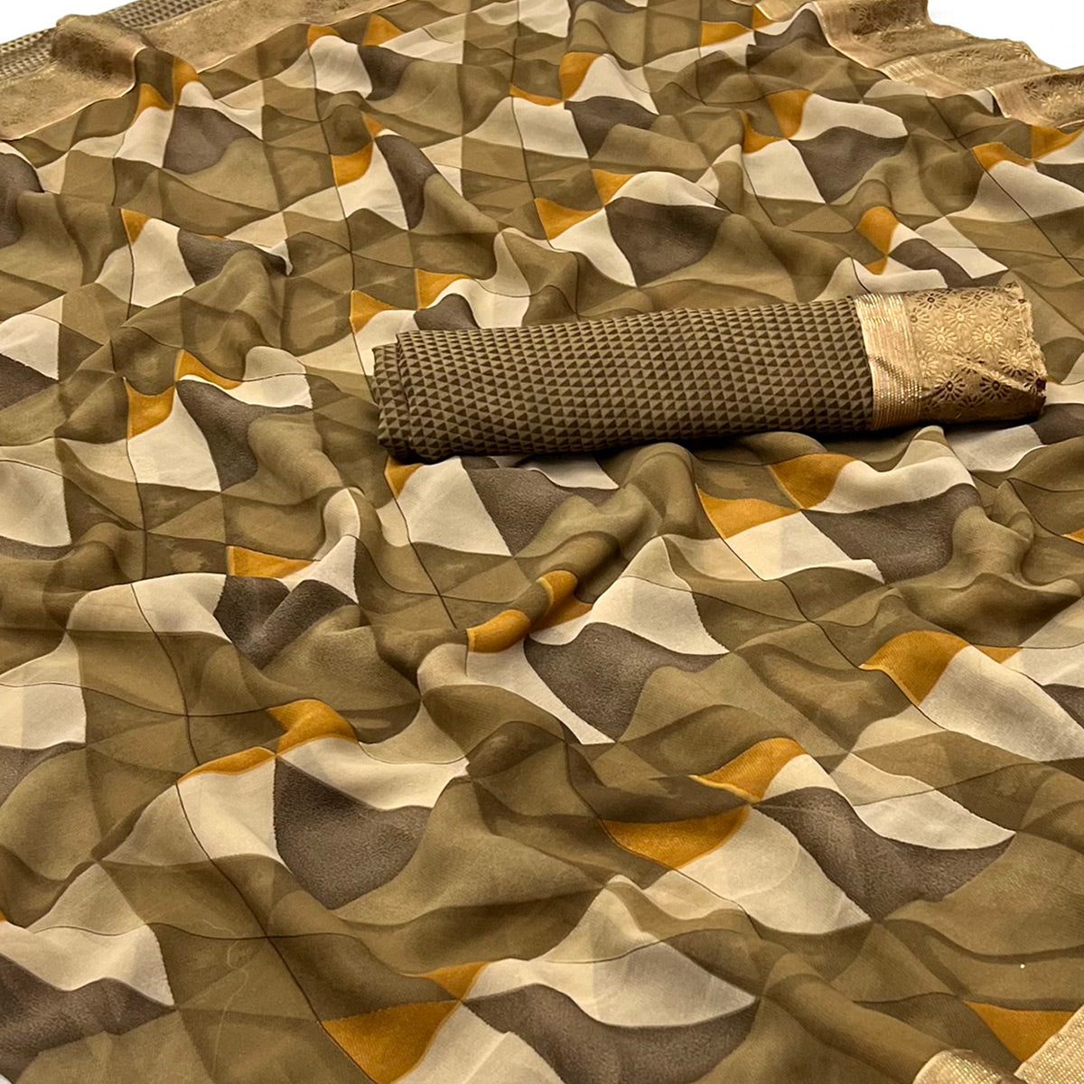 Chikoo Geometric Printed Georgette Saree