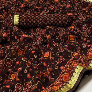 Dark Brown Bandhani Printed Georgette Saree With Designer Border