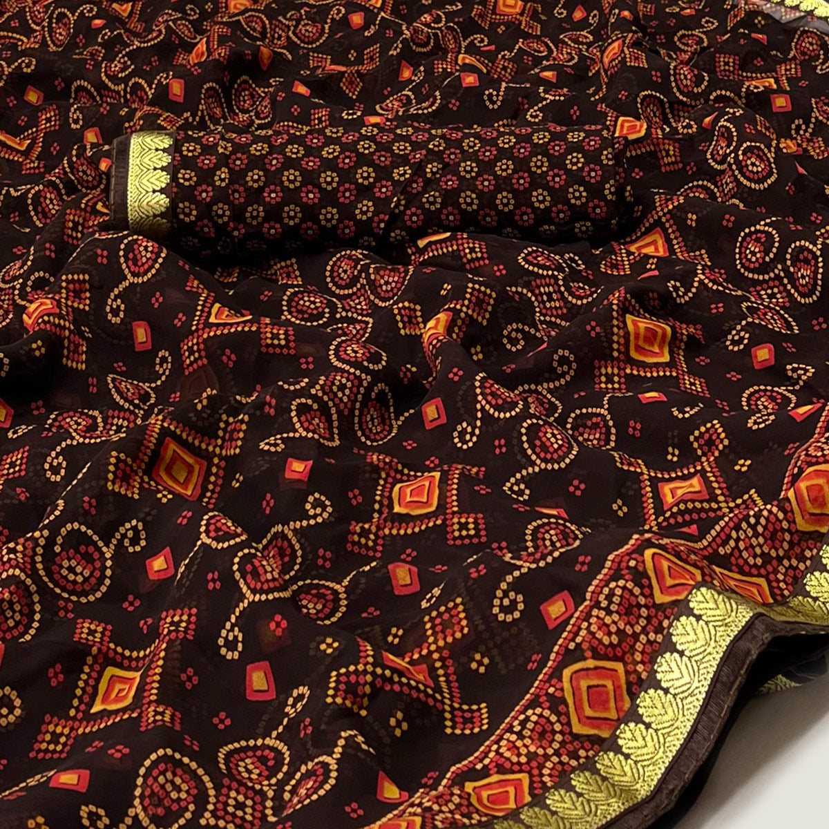 Dark Brown Bandhani Printed Georgette Saree With Designer Border