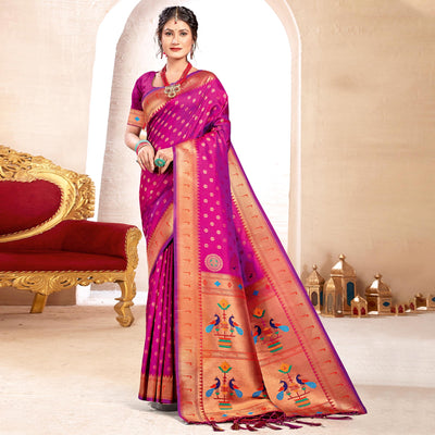 Magenta Pink Woven Art Silk Paithani Saree With Tassels