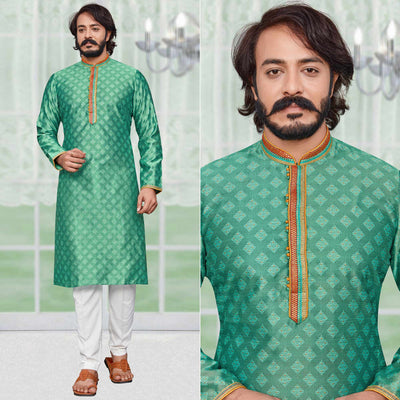 Light Green Woven Jacquard Kurta Pyjama Set