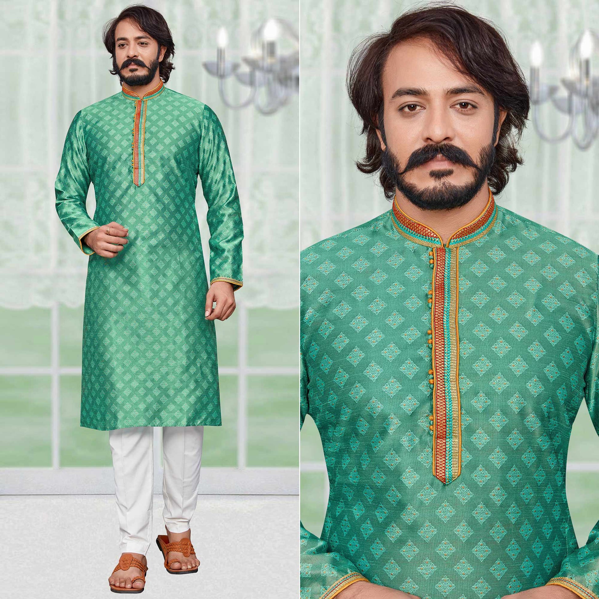 Light Green Woven Jacquard Kurta Pyjama Set