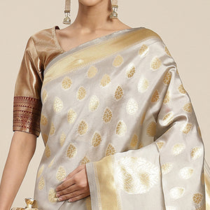 Grey-Maroon Woven Banarasi Silk Half & Half Saree
