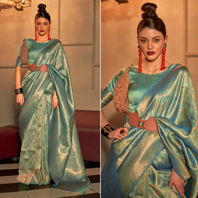 Light Pista Green Woven Art Silk Saree With Tassels