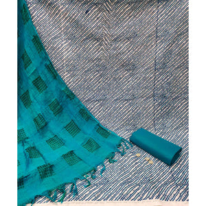 Blue Striped Printed Cotton Blend Dress Material