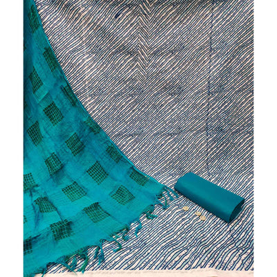 Blue Striped Printed Cotton Blend Dress Material