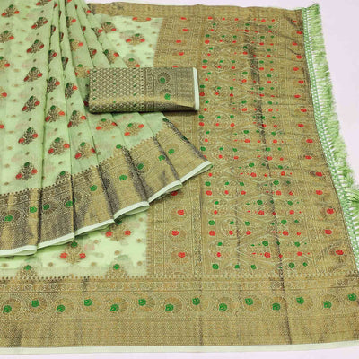 green-woven-poly-cotton-saree-with-tassels-2