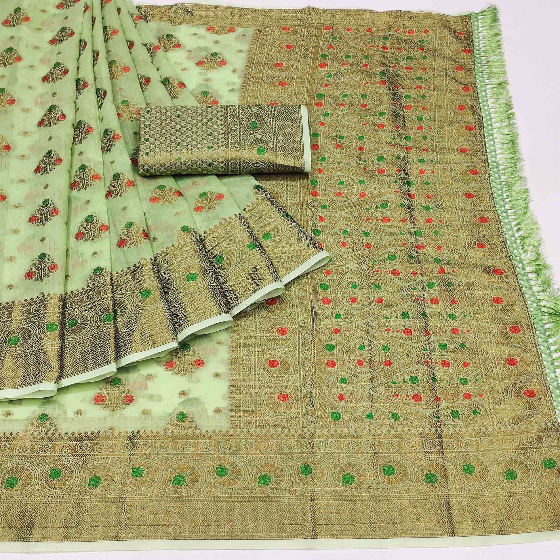 green-woven-poly-cotton-saree-with-tassels-2