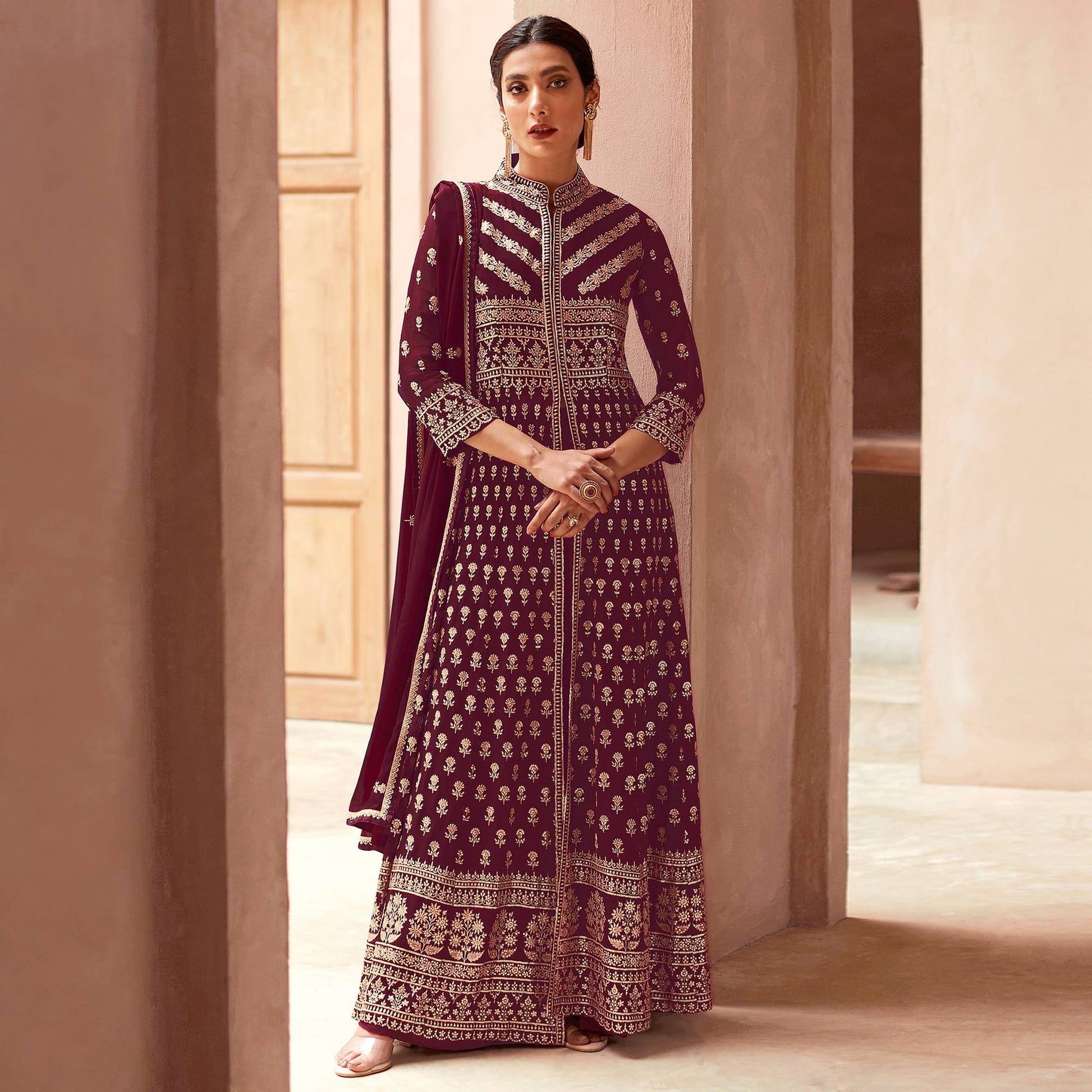 Maroon Floral Embroidered Georgette Palazzo Suit