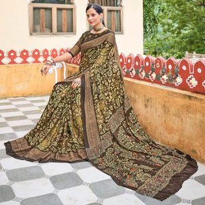 Brown-Green Floral Printed Georgette Saree