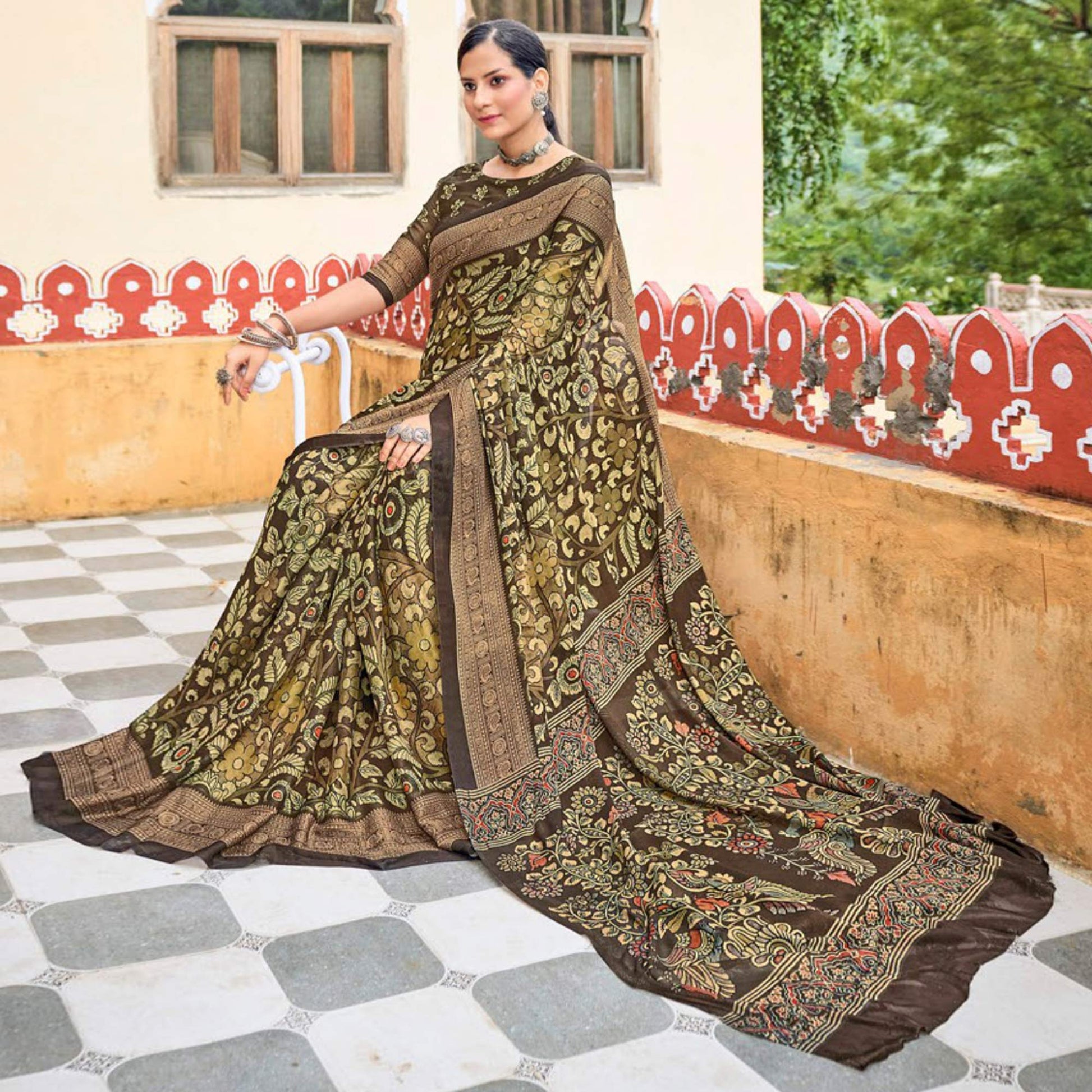 Brown-Green Floral Printed Georgette Saree