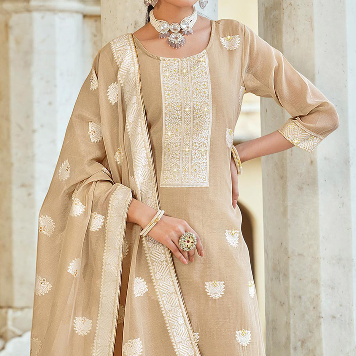 Light Brown Woven Pure Cotton Suit