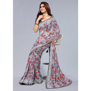 Grey Printed Georgette Saree With Crochet Border