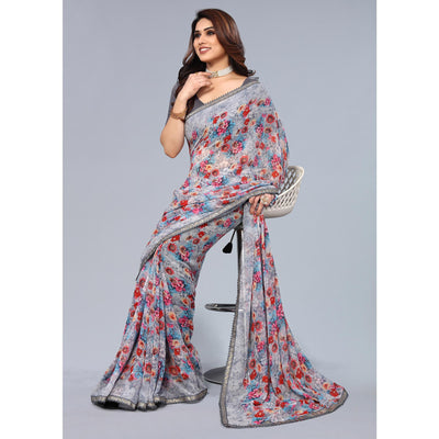 Grey Printed Georgette Saree With Crochet Border