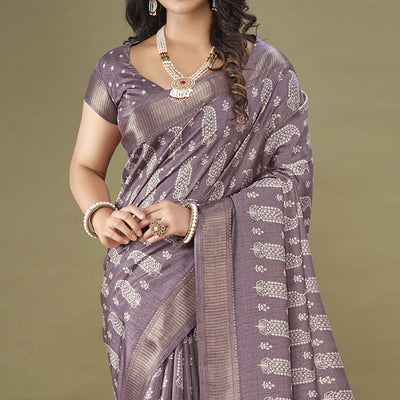 Mauve Floral Printed Dola Silk Saree