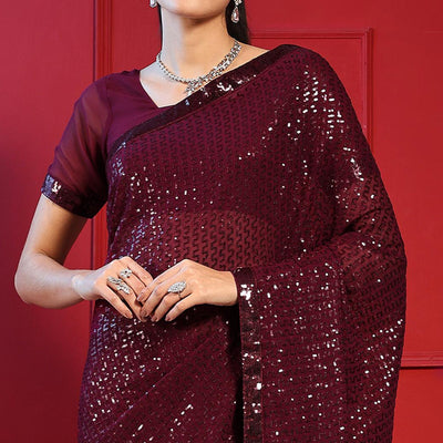 Maroon Sequins Embroidered Georgette Saree
