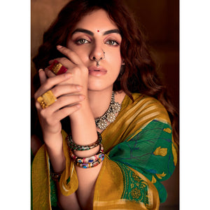 green-floral-printed-linen-saree-1