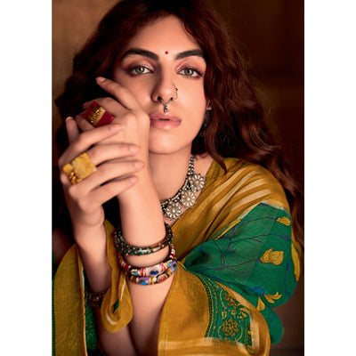 green-floral-printed-linen-saree-1