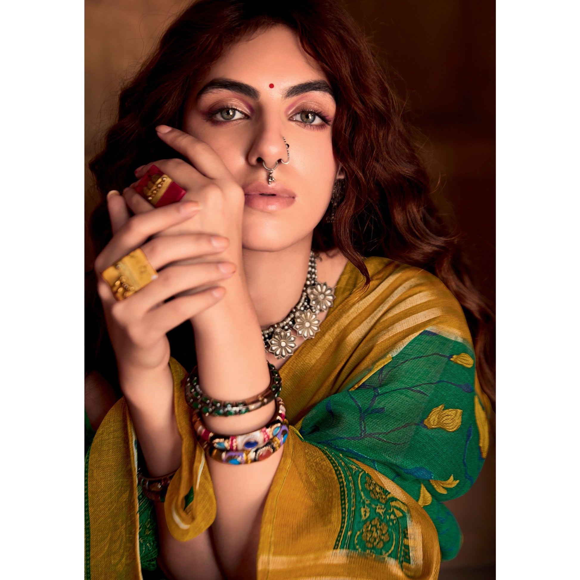 green-floral-printed-linen-saree-1