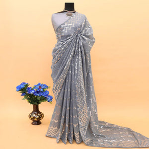 Grey Sequins Embroidered Georgette Saree