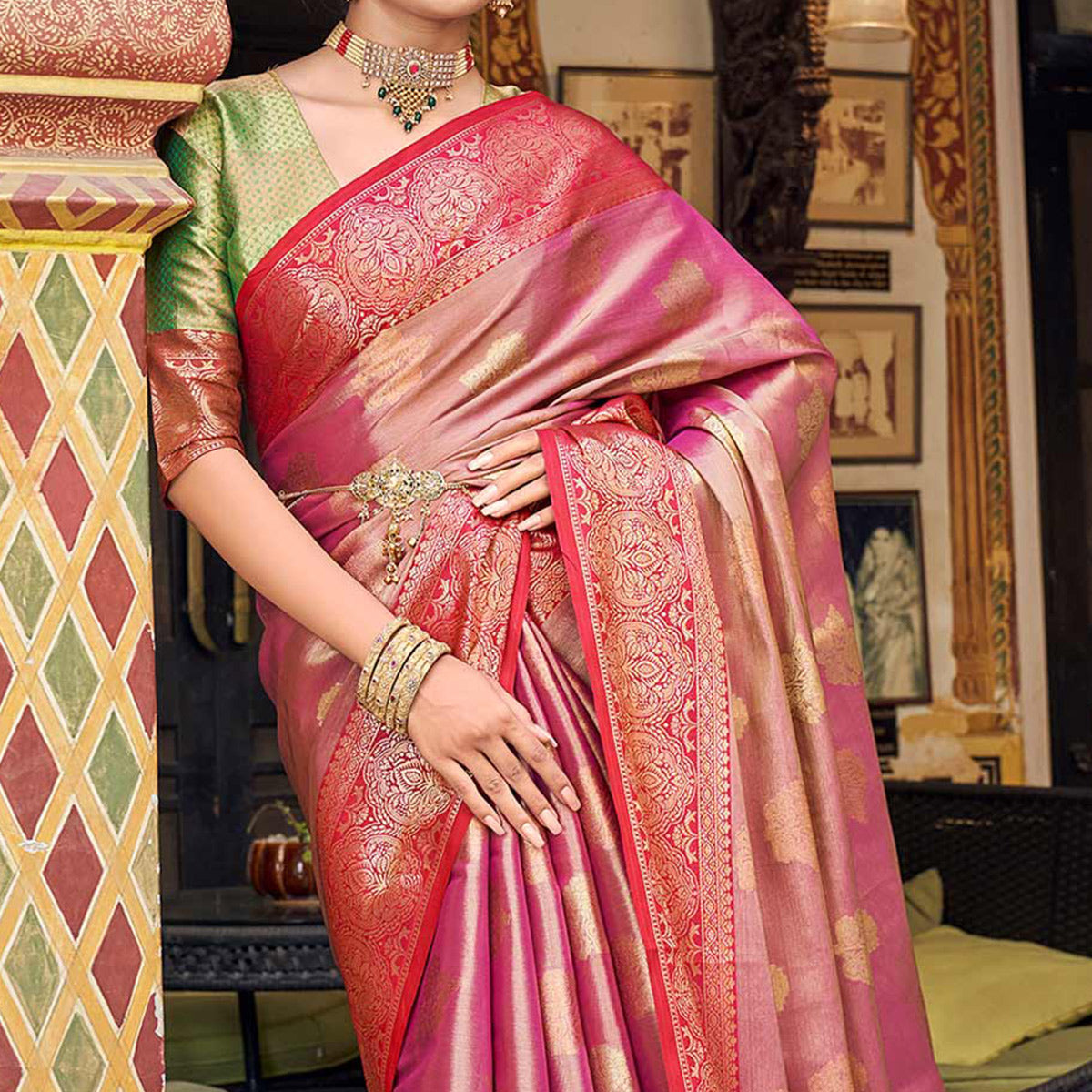 Magenta Pink Woven Tissue Saree