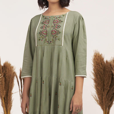 green-floral-embroidered-rayon-short-dress