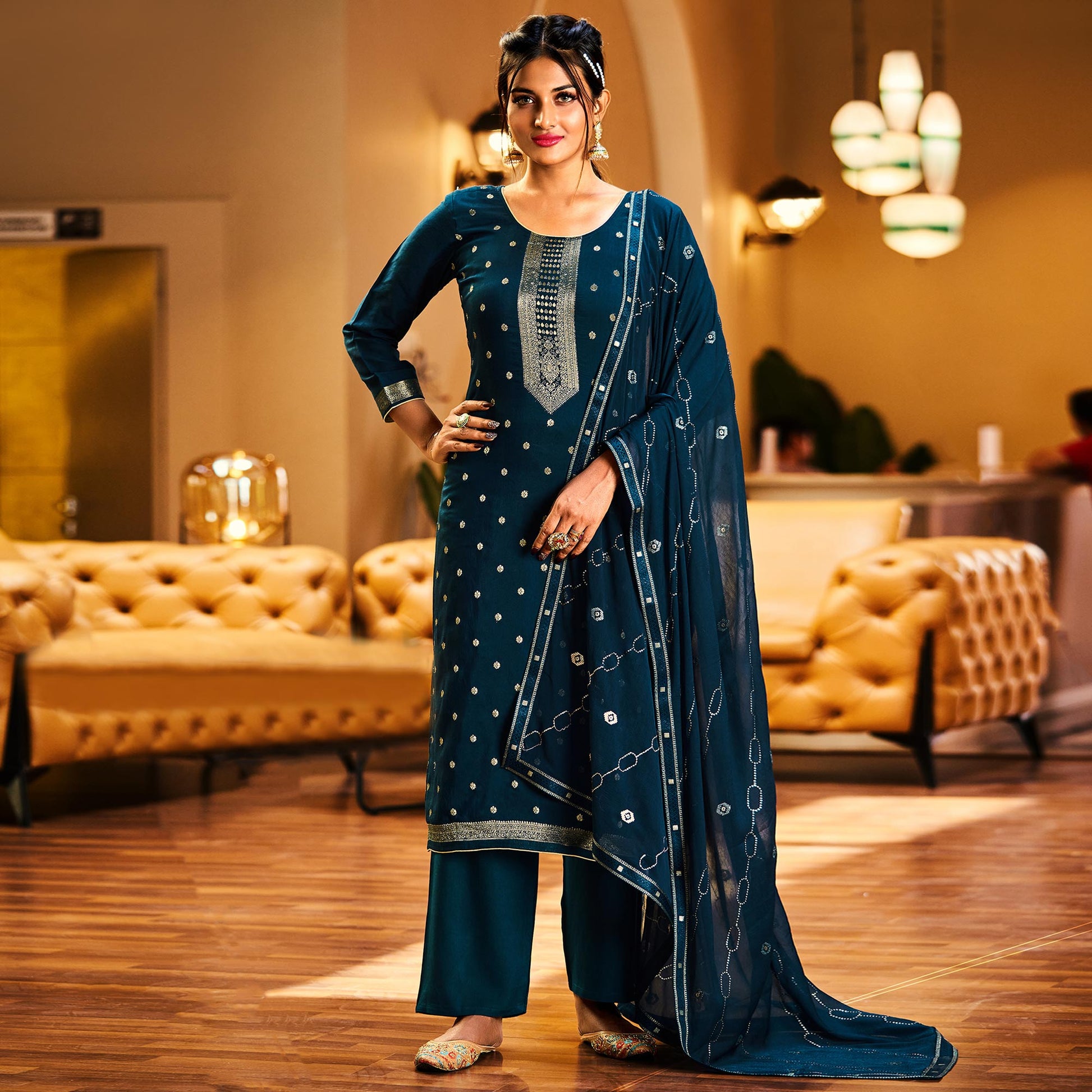 Blue Woven Muslin Palazzo Suit