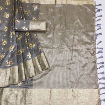 Grey Woven Organza Saree With Tassels