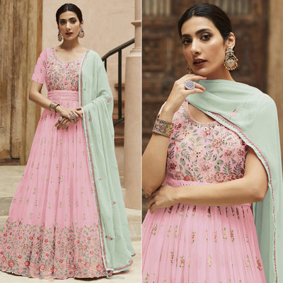 Light Pink Sequins Floral Embroidered Georgette Semi Stitched Anarkali Suit
