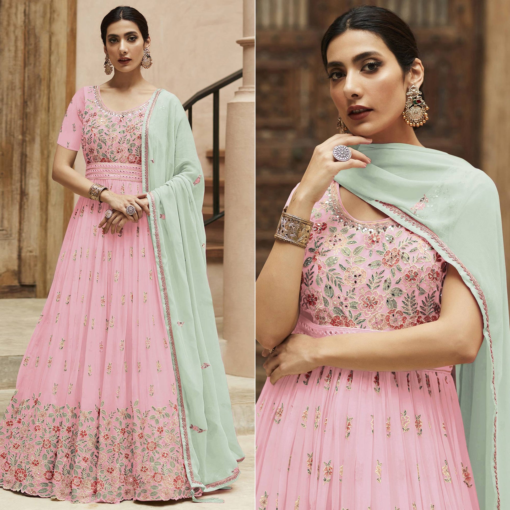 Light Pink Sequins Floral Embroidered Georgette Semi Stitched Anarkali Suit