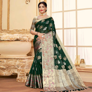 Bottle Green Floral Woven Organza Saree With Tassels