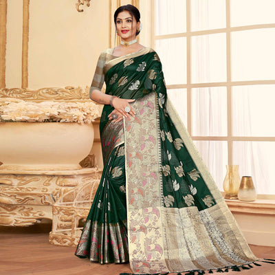 Bottle Green Floral Woven Organza Saree With Tassels