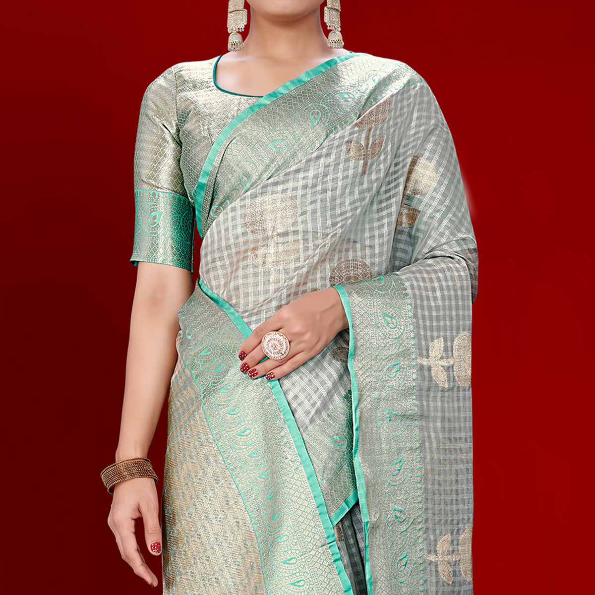 grey-floral-woven-organza-saree-with-tassels